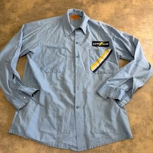 VIP Goodyear Work Shirt Mens M Blue VTG Racing Stripe Patch USA Made Mechanic